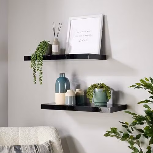 Home Source Pair of 2 Black Gloss Floating Wall Mounted Wooden Storage Shelves, W: 60 cm, D: 23.5 cm, H: 38 cm