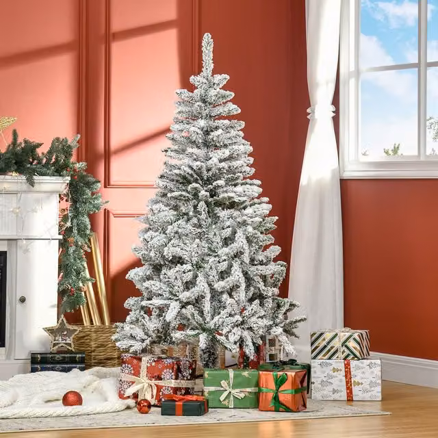 HOMCOM Snow Flocked Artificial Christmas Tree in Green, Height: 152.4 cm – 1
