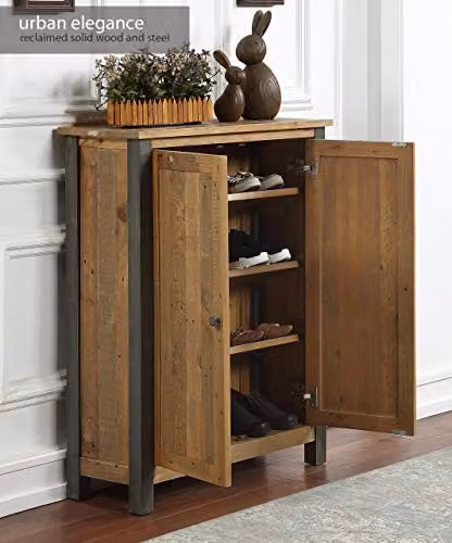 baumhaus Urban Elegance Reclaimed Small Shoe Storage Cupboard in Brown with Solid Wood and Steel Frame, W/D/H: 87 x 33 x 105 cm – 2