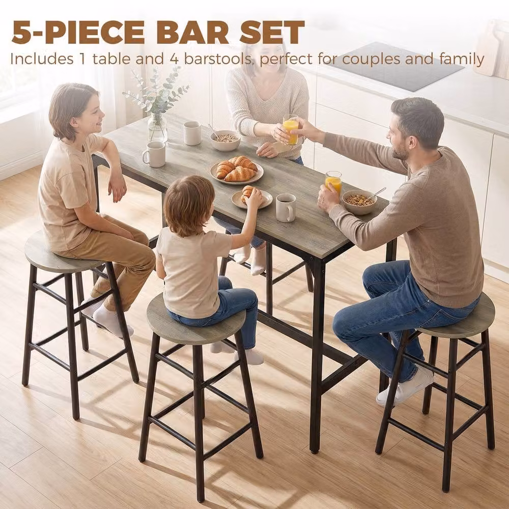 HOMCOM 5 Piece Industrial Bar Set with Grey Wood Effect Table and Black Chairs – 3