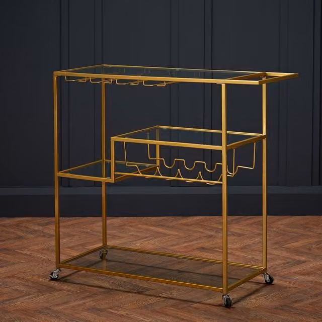 LPD Home Porter Drinks Trolley in Gold with Glass Shelves and Castors