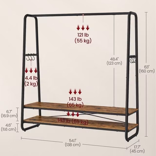 VASAGLE Clothes Rail with 2 Shelves and 6 S-Shaped Hooks, Black and Brown