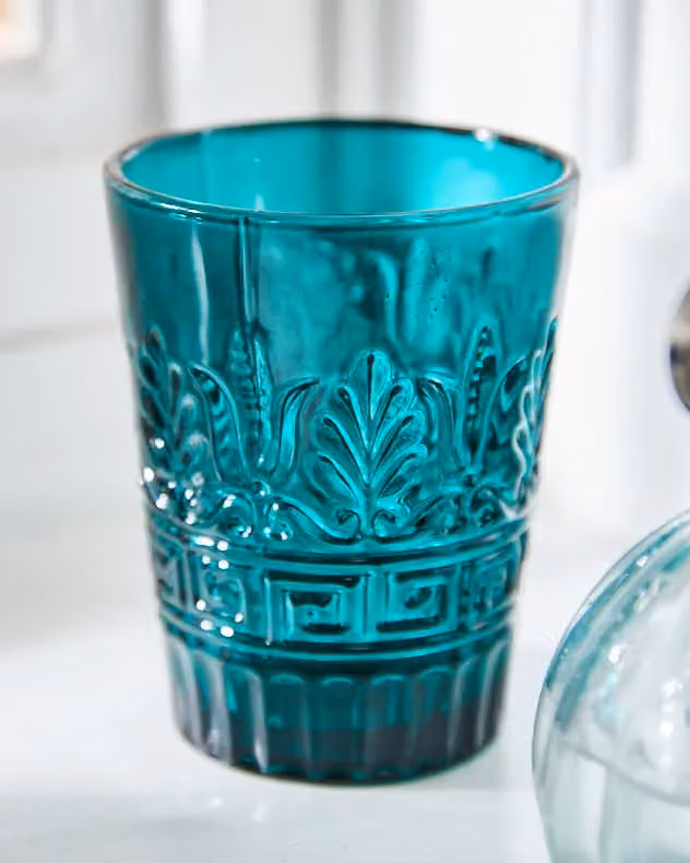 Dibor Set of 2 Blue and Turquoise Art Deco Geometric Embossed Glass Tumblers, 280ml per glass – 2
