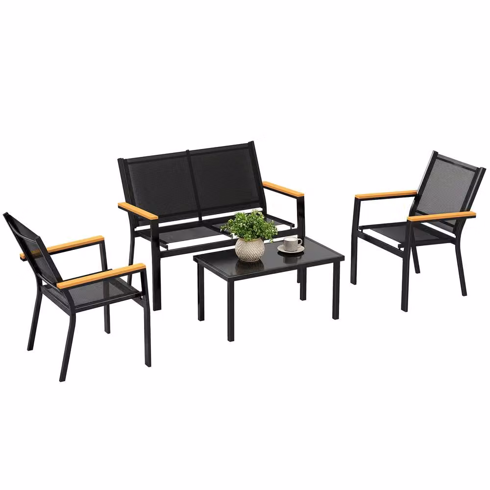 OUTSUNNY 4 Seater Outdoor Sofa with Tempered Glass Top and Cushions in Black – 2