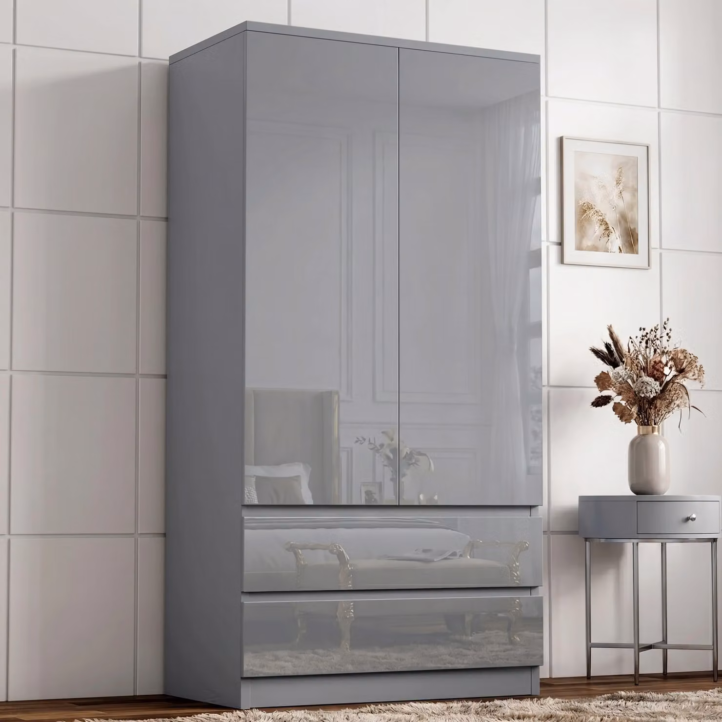 DHS High Gloss 2 Door Wardrobe with Drawers and Hanging Rail in Grey, White and Black, H 182.5 x W 80 x D 50 cm
