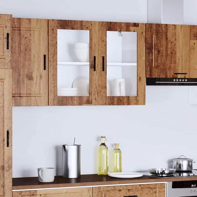 Berkfield Home Kitchen Wall Cabinet with Glass Doors in Porto Old Wood Brown, W/D/H: 60 x 31 x 80 cm