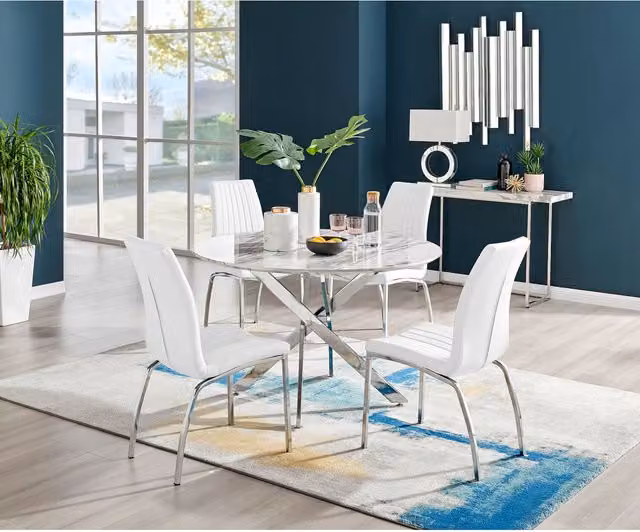 FurnitureboxUK Novara White Marble Effect Round Dining Table and 4 Isco Chairs Set, White and Silver