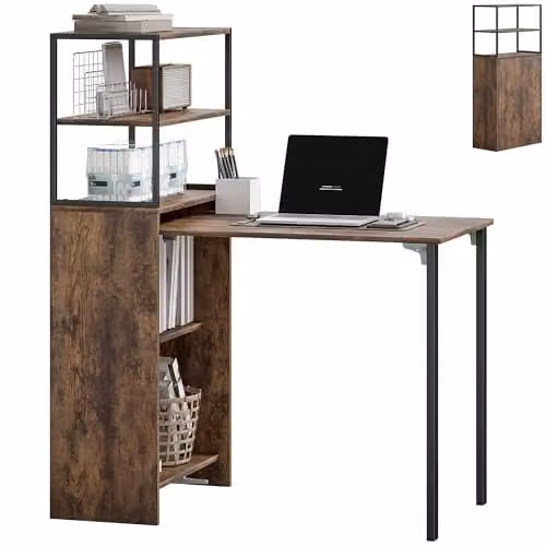 HOMCOM Folding Computer Desk with 4-Tier Bookshelf in Brown and Black, W/D/H: 127 x 60 x 105 cm