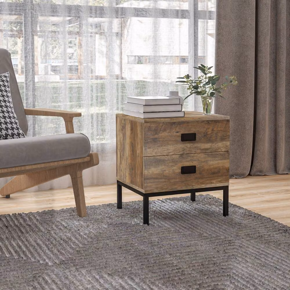ERGOVEXA Retro Industrial Bedside Table with 2 Drawers, Brown and Black – 3