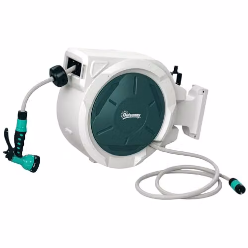 Outsunny Wall Mounted Retractable Hose Reel in Light Grey and Green – 1