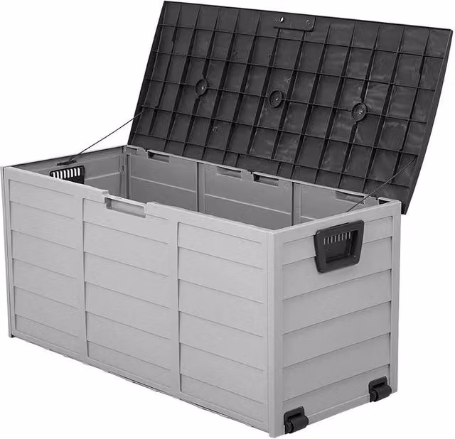 KORVIXA Grey Plastic Outdoor Garden Storage Deck Box W/D/H: 100 x 100 x 54 cm – 1