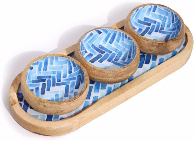 KDMK Blue Striped Mango Wood Rectangular Tray with 3 Bowls