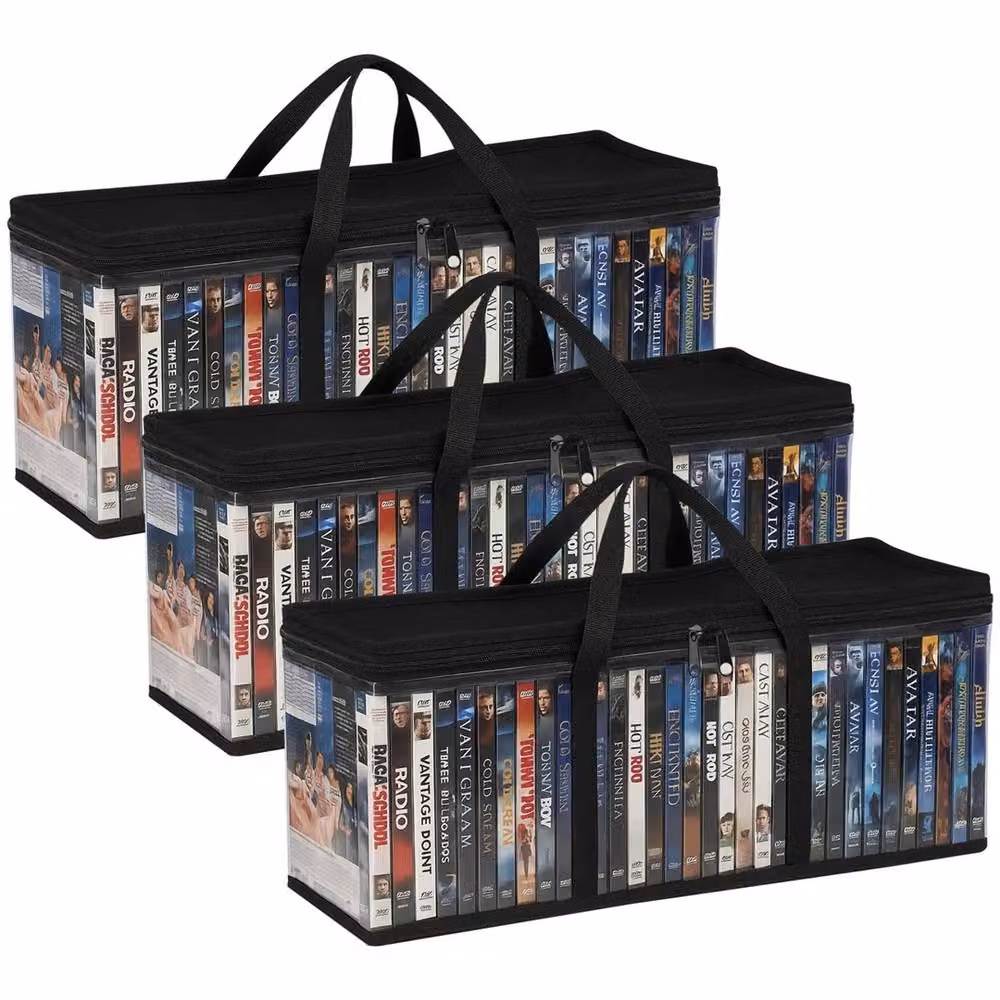 Nordara 3-Pack Portable Fabric DVD Storage Boxes with Handles in Black and Transparent – 3