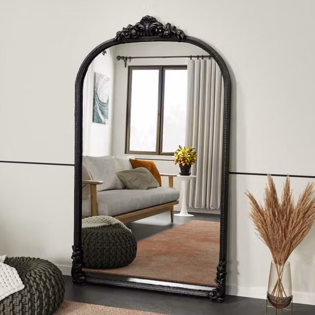 Livingandhome Large Vintage Ornate Carved Arch Frame Full Length Mirror in Black