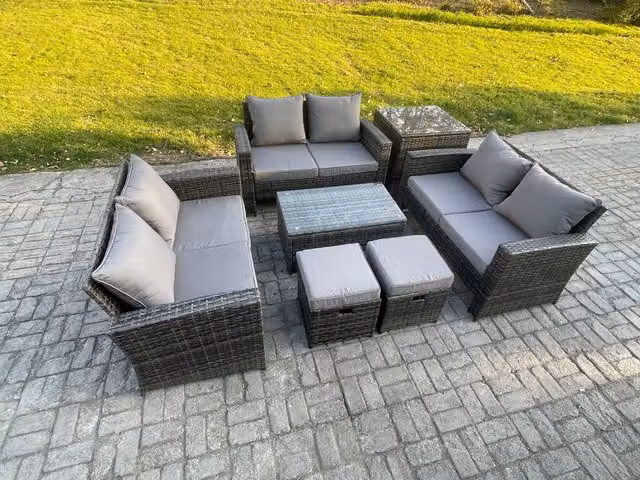 Fimous 7-Piece Rattan Garden Furniture Set in Dark Grey with Double Seater Sofa, Side Table and Two Footstools