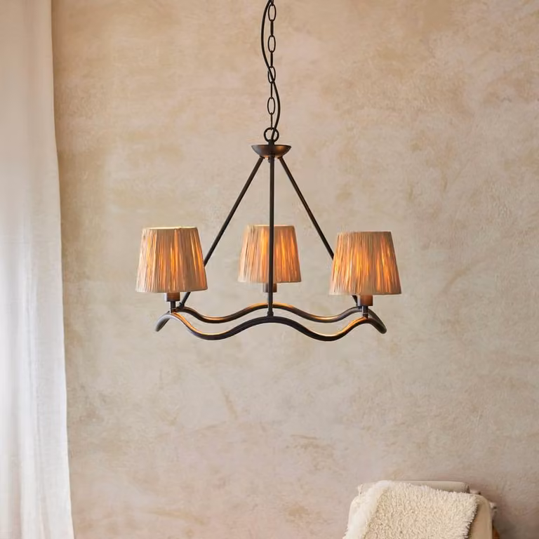 Netlighting Wriggle Multi Arm Pendant Light in Matt Black with Rattan and Fabric Details, 3x E14