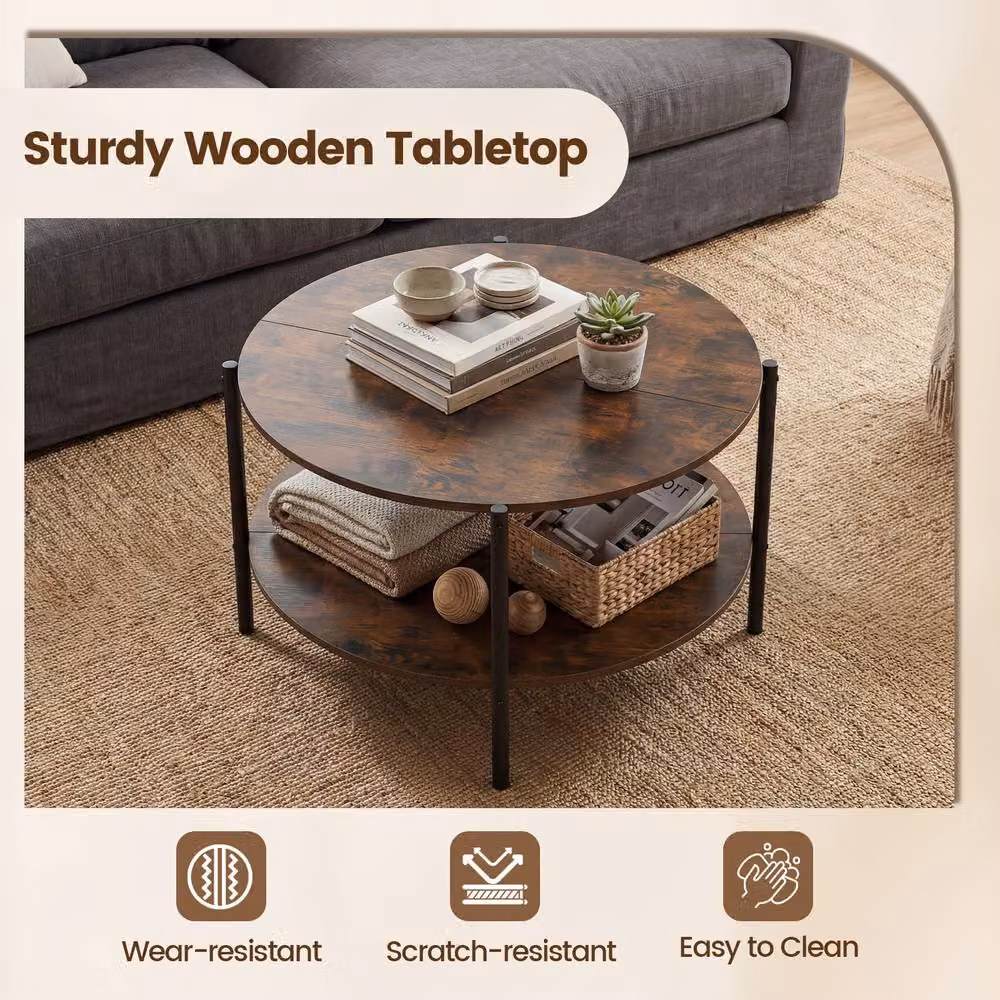 Costway 2-Tier Round Industrial Coffee Table with Storage Shelf in Brown – 4