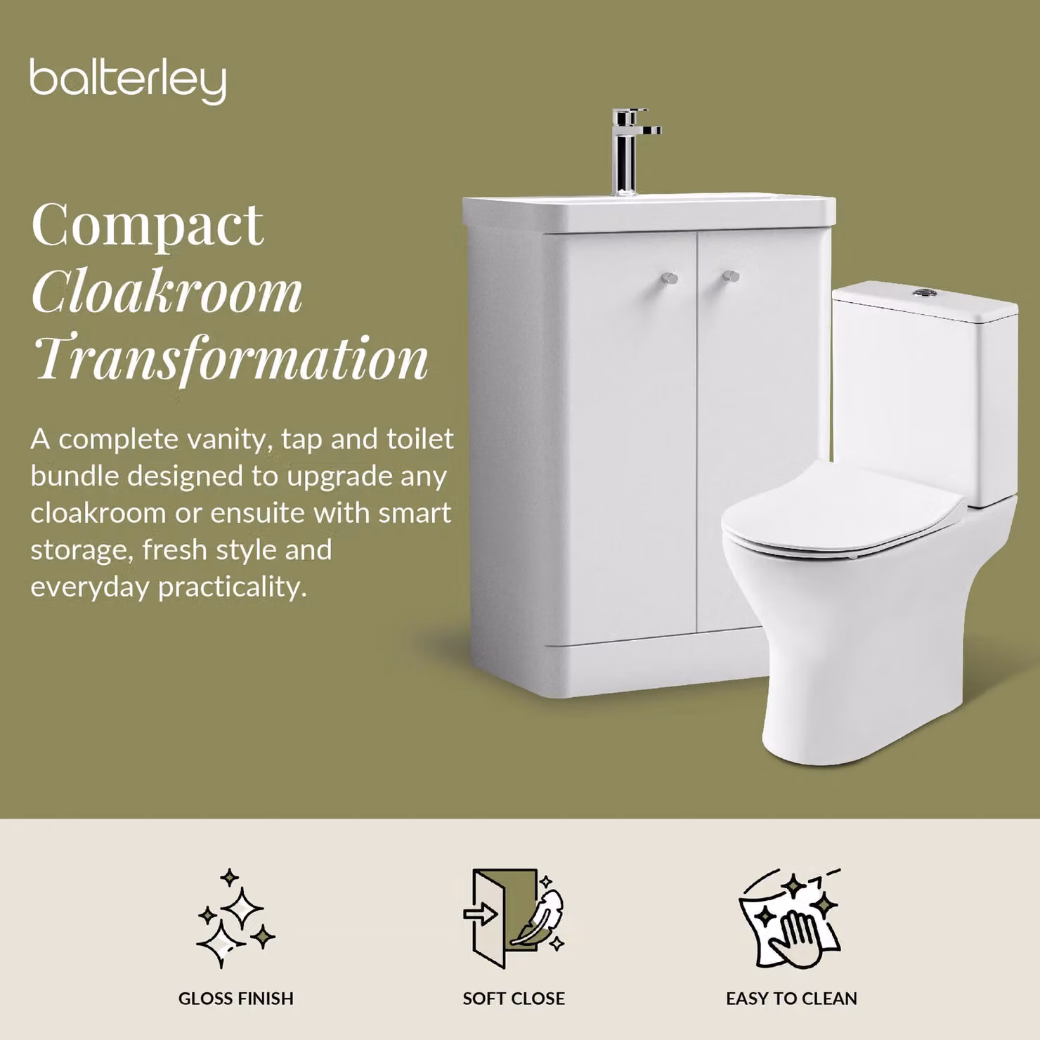 Balterley White Glossy 2 Door Freestanding Bathroom Vanity Unit with Soft Close Doors, Width: 57.9 cm – 2