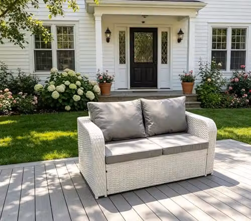 FMSGarden 2 Seater Rattan Curved Arm Loveseat Garden Sofa in Light Grey with Removable Cushions