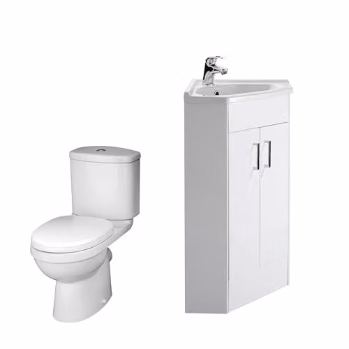 nuie Mayford Modern Bathroom Bundle Corner 2 Door Vanity Basin Unit and Toilet with Cistern, Pan and Seat, Gloss White, W: 590mm, D: 38.5cm, H: 80cm