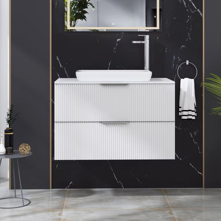 Royal Bathrooms Evora 800mm Matt White Fluted Wall Hung Vanity Unit with 2 Drawers and Qubix Basin