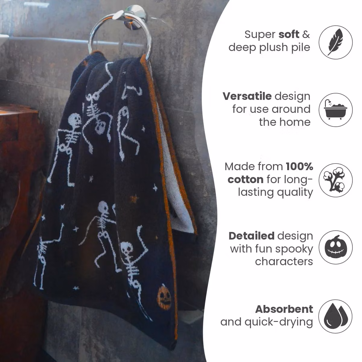 Allure Bath Fashions Odyssey Collection Halloween Hand Towels, Pack of 2, Multicolour and Black, 100% Cotton, W: 50 cm, H: 80 cm – 4
