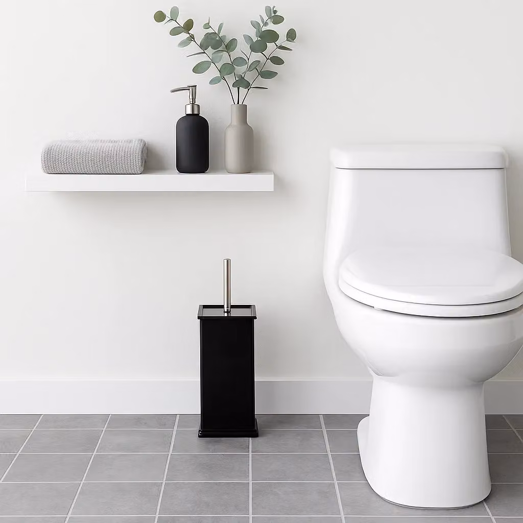 Harbour Housewares Black Square Toilet Brush and Holder Set with Stainless Steel and Plastic Covered Design – 5