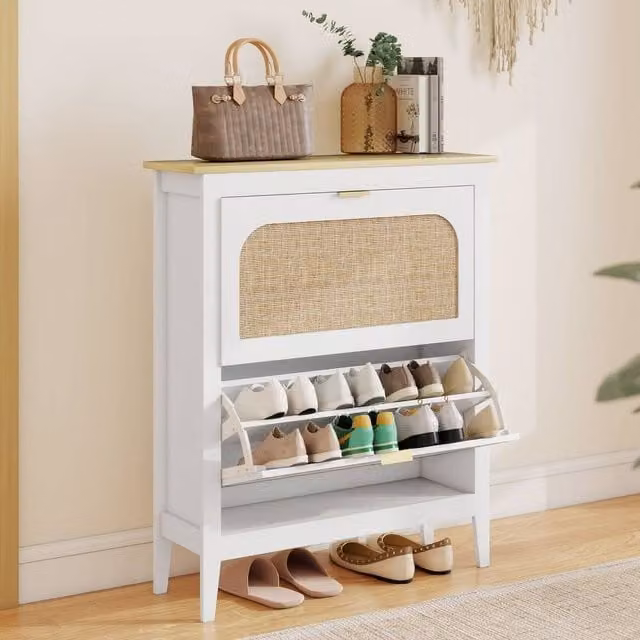 KORVIXA White Rattan Shoe Storage Cabinet with Tilting Compartments, W/D/H: 80 x 24 x 95.5 cm