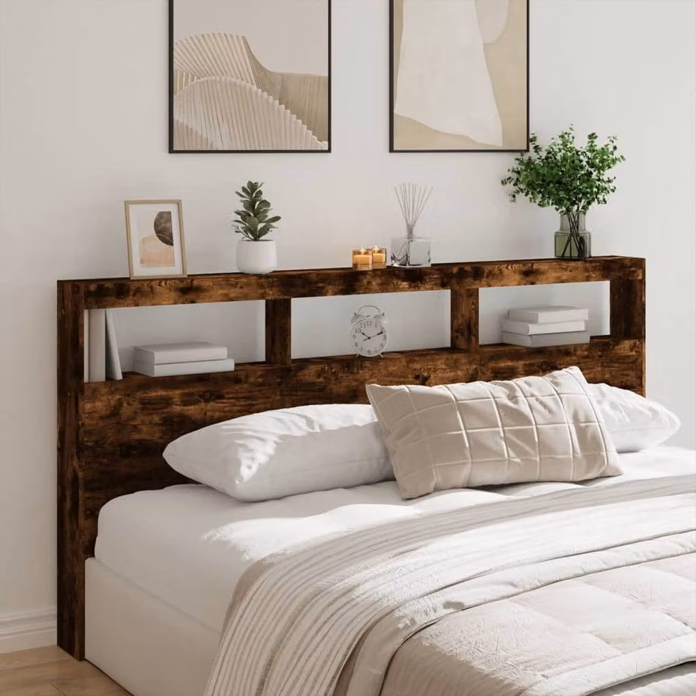 Berkfield Home Modern Headboard Cabinet with LED Lighting and USB Charging Port in Smoked Oak Brown, W/D/H: 200 x 17 x 102 cm – 2