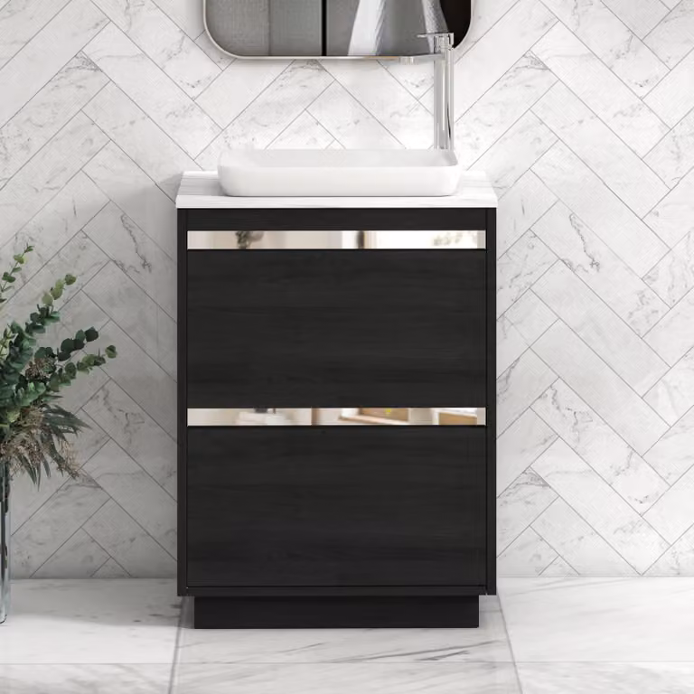 Royal Bathrooms Orion 600mm Hale Black Floor Standing Vanity Unit with Qubix Basin and Carrara White Countertop, 2 Drawers and Chrome Accent Trim