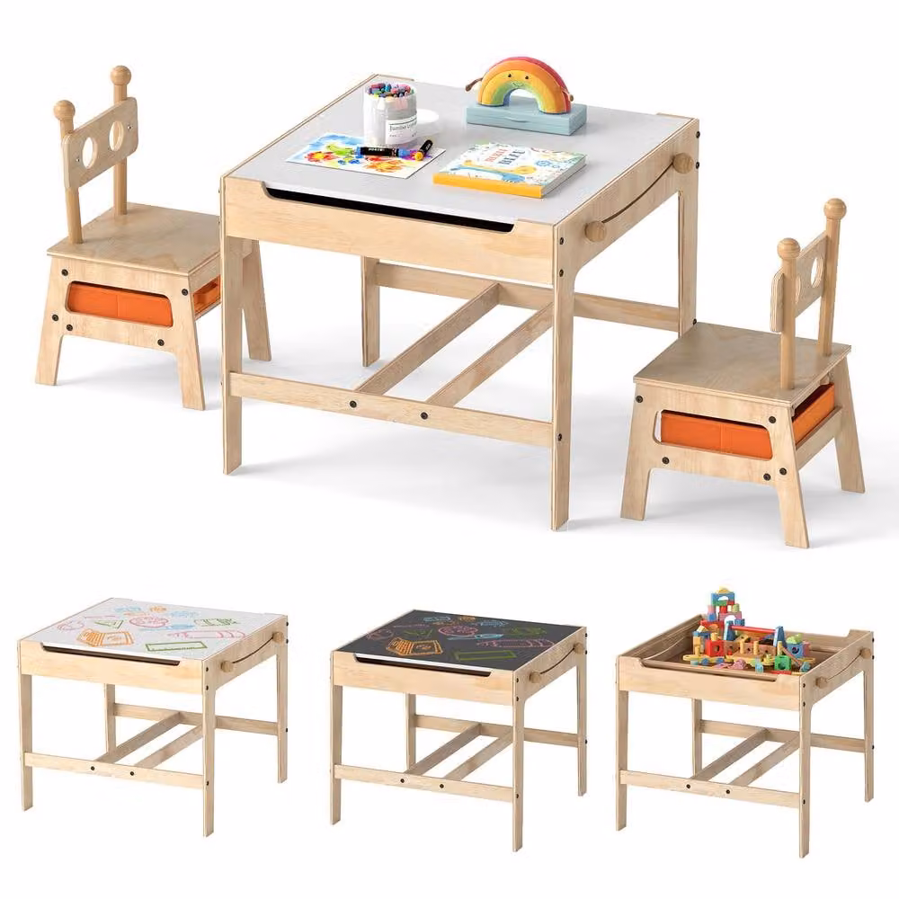 Costway 4 in 1 Kids Wooden Activity Desk Set with Table and Chairs in Beige – 2