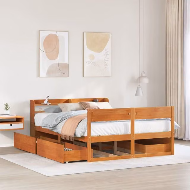 Berkfield Home Wax Brown Solid Wood Pine Bed Frame W/D/H: 160 x 200 cm
