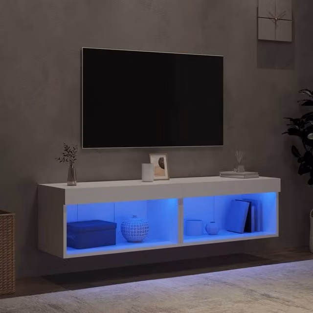 Berkfield Home Set of 2 Modern White TV Cabinets with LED Lights, W/D/H: 60 x 30 x 30 cm