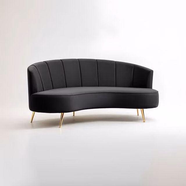 Orsina Hasna Three Seat Black Velvet Sofa with Gold Metal Frame