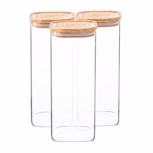 Argon Tableware 6 Pack Square Glass Storage Jars with Airtight Wooden Lids, 1.9 l, Transparent – 1