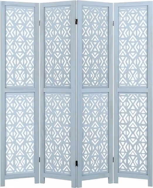 COSTWAY 4-Panel Blue Wooden Room Divider with Geometric Boho Design