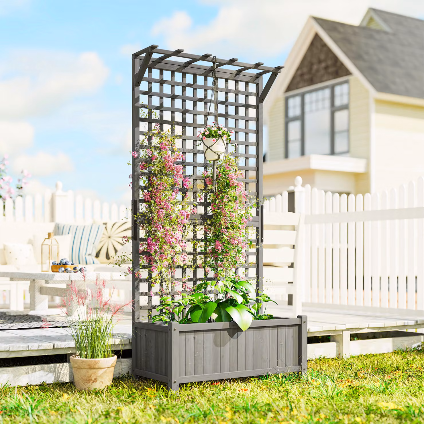 Outsunny Wooden Raised Bed with Trellis and Drainage Holes for Vegetables and Flowers, Dark Grey, W: 183 cm, D: 90 cm, H: 45 cm – 2