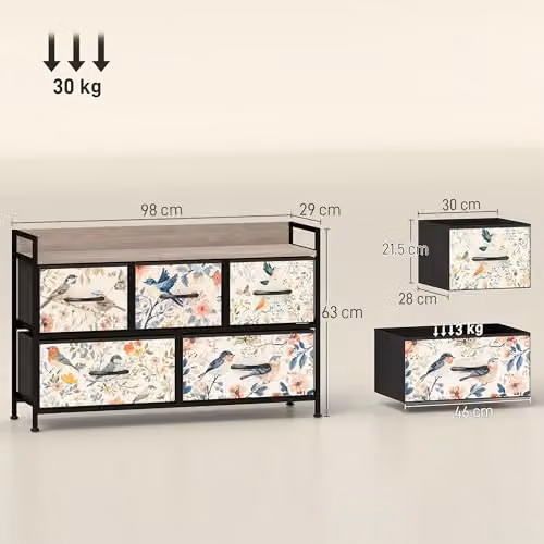 HOMCOM Modern White Fabric Bedroom Chest of Drawers with 5 Drawers – 7