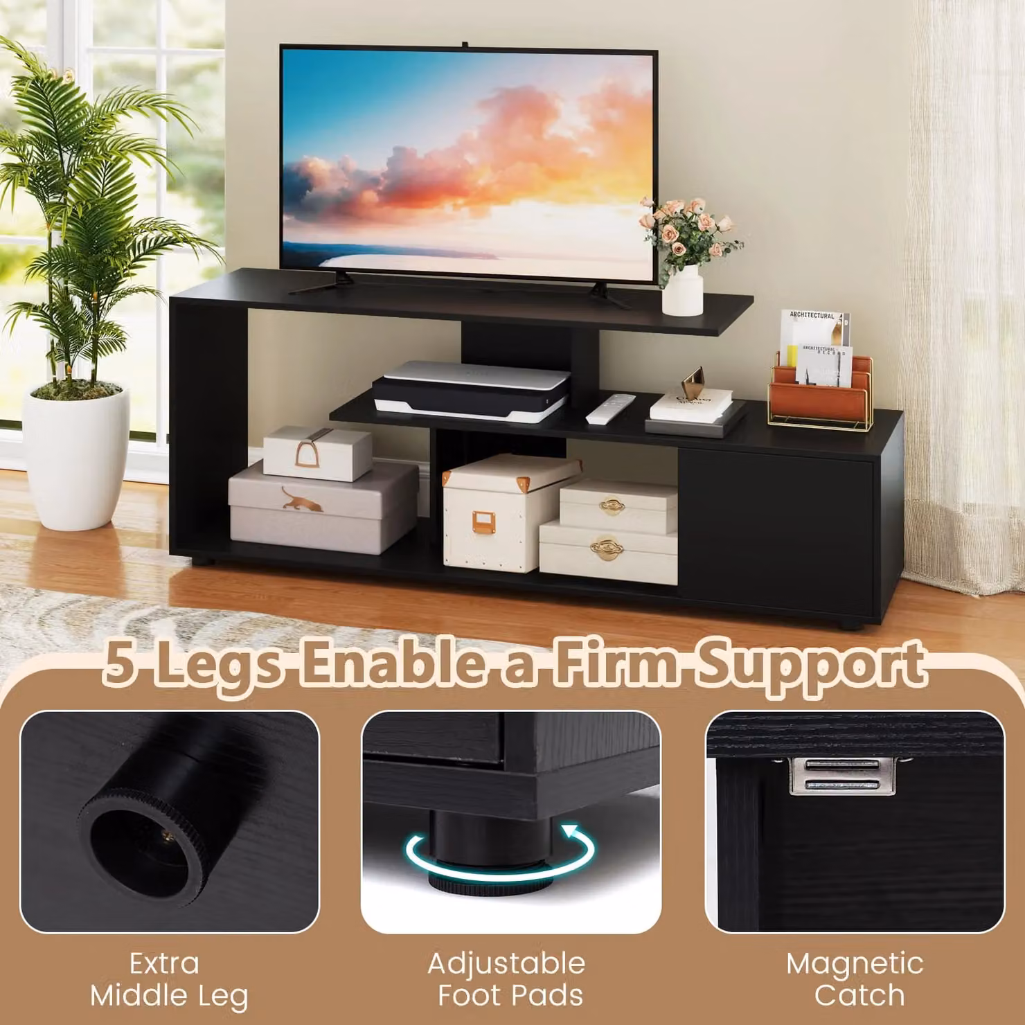 Costway Modern 3-Tier Media Console TV Stand for TVs up to 55 inch, Black – 6