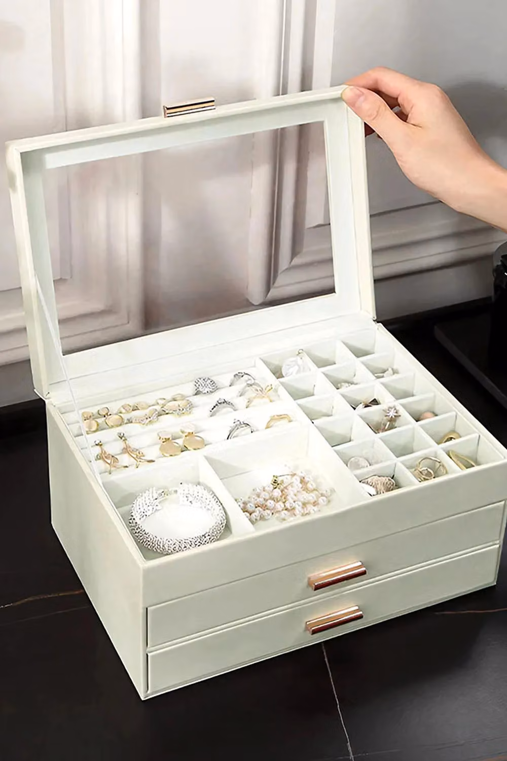Living and Home 3-Tier PU Leather Jewelry Desktop Box Organizer with Drawers and Lid, White – 2