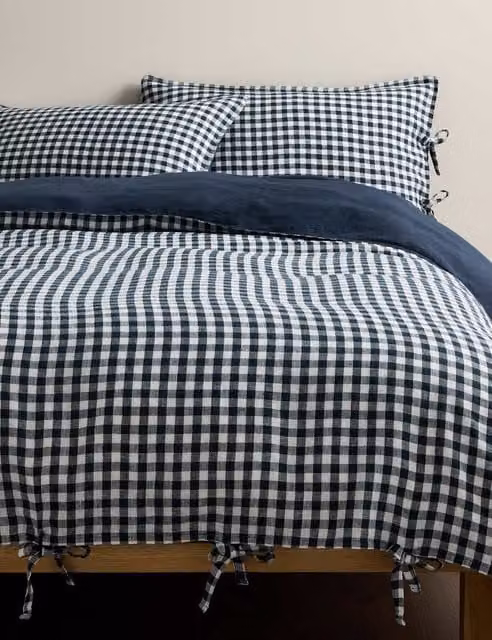 M&S Blue Checked Pure Linen Duvet Cover and Pillowcase Set, W/D/H: 180 x 200 cm