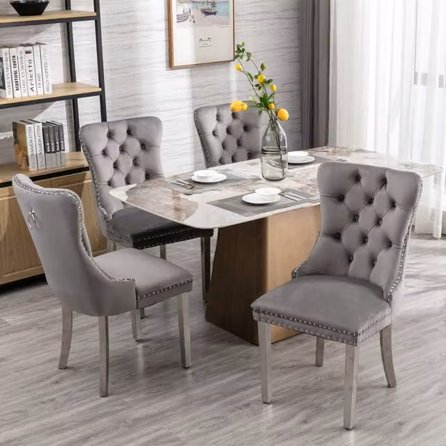 Modern Home Store Selma Velvet Tufted Dining Chairs with Knocker Back in Grey Silver, Set of 6