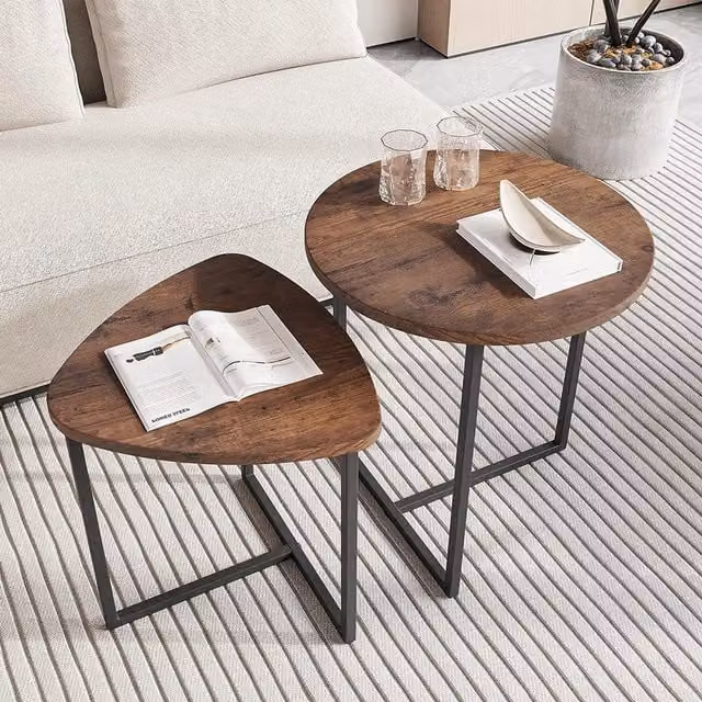 Livingandhome Set of 2 Round Nesting Side Tables in Brown with Metal Sled Base