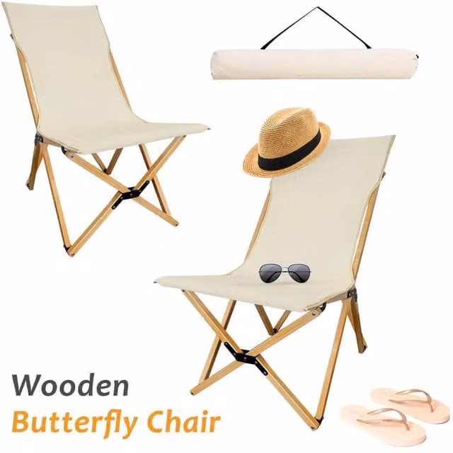 Pawnora Wooden Butterfly Chair in Beige with Beech Wood and Metal Frame – 1