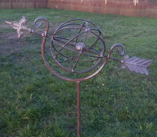 Inspirational Gifting Decorative Armillary Metal Garden Plant Stake and Ornament in Grey and Bronze, Height: 150 cm