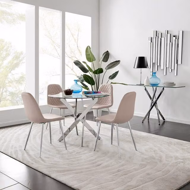 FurnitureboxUK Novara Round Clear Tempered Glass Dining Table with 4 Beige Faux Leather Corona Chairs and Chrome Legs, Diameter: 100 cm