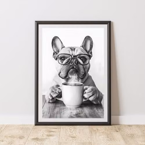60 Second Makeover Funny French Bulldog Drinking Coffee Illustration Paper Poster, Multicolour, A4