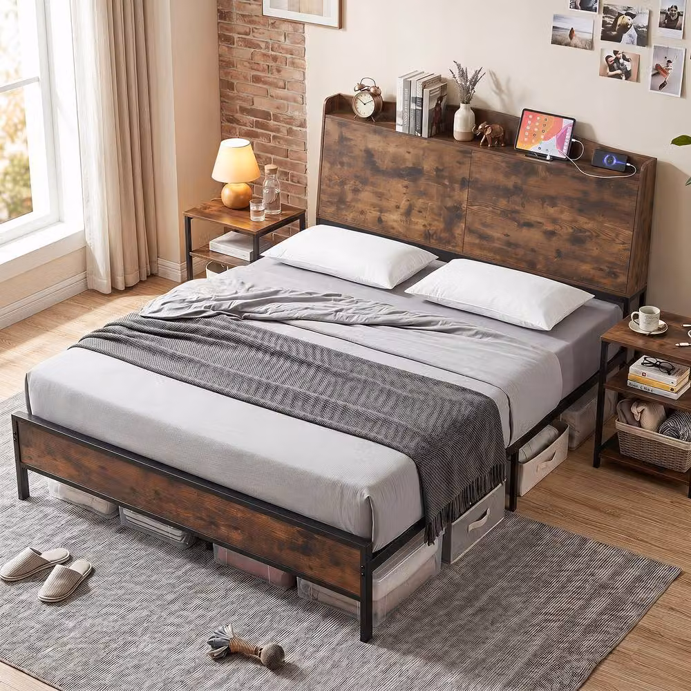 Costway King Size Industrial Metal Platform Bed Frame with USB Charging Station and Side Compartments, Brown, W/D/H: 180 x 200 cm – 3