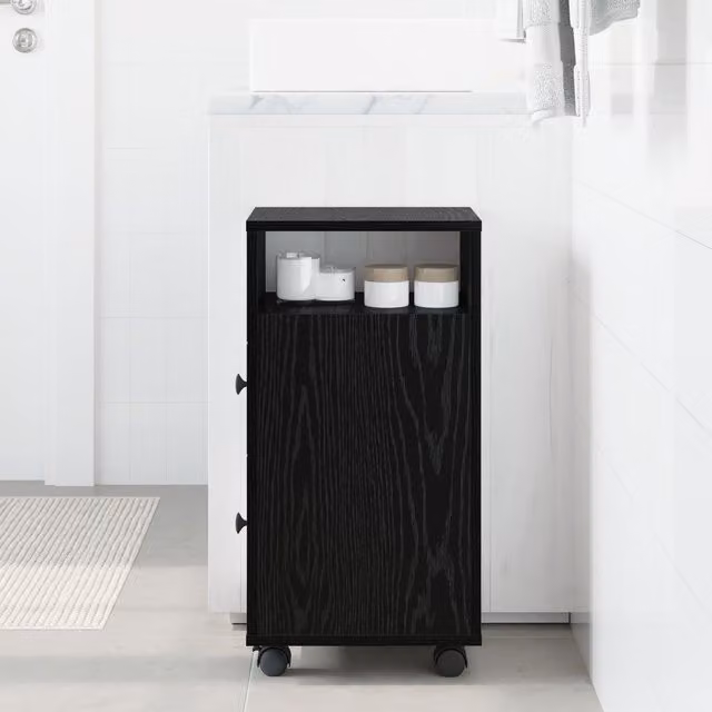 Berkfield Home Narrow Bathroom Cabinet with Wheels in Black Oak Engineered Wood – 1