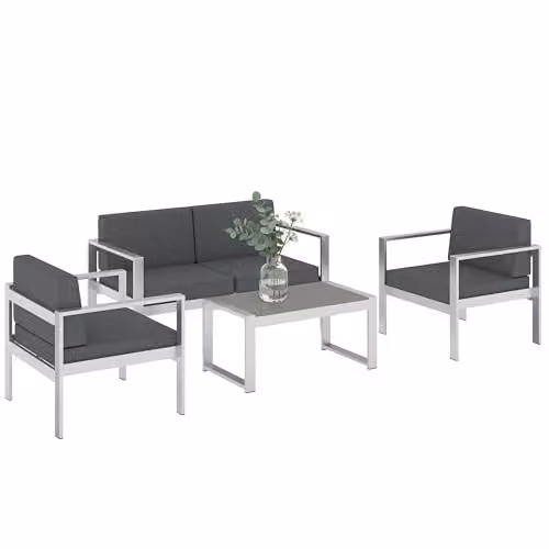 Outsunny 4 Seater Aluminium Garden Furniture Set with Dark Grey Olefin Cushions – 1